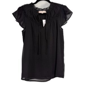 LOFT Blouse XS NWT Black Swiss Dot Sheer Ruffle Tie Neck Womens Top
